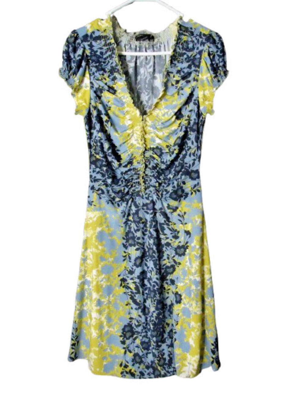 BCBG MaxAzria Floral V-Neck Cap Sleeve Midi Dress w/Ruching Medium Multicolored